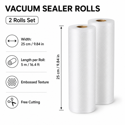 Vacuum Sealer Bag Roll 25cm x 5m Embossed Food Storage Bags 2 Rolls for Vacuum Packing and Kitchen Storage