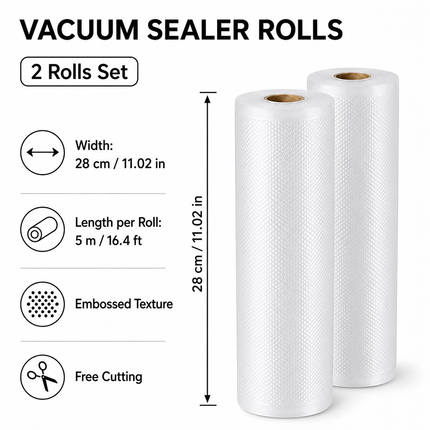 Vacuum Sealer Bag Roll 28cm x 5m Embossed Food Storage Bags 2 Rolls for Vacuum Packing and Kitchen Storage