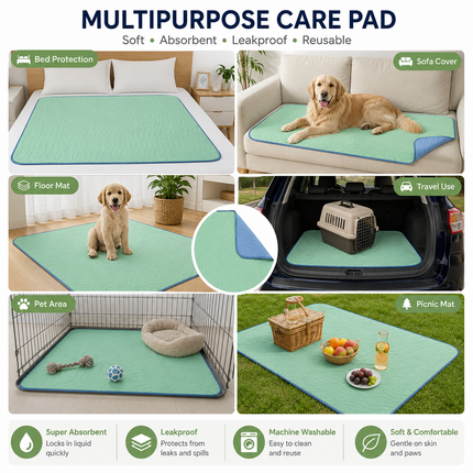 Reusable Washable Underpad - 86 x 91 cm Mint Green Waterproof Absorbent Bed Pad for Adults and Pets, Bedwetting, Incontinence Care and Pet Training