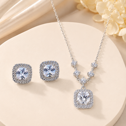 Square Halo Pendant Necklace and Stud Earrings Jewellery Set - 2 Piece Silver-Tone Crystal Look Gift Set