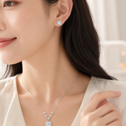Square Halo Pendant Necklace and Stud Earrings Jewellery Set - 2 Piece Silver-Tone Crystal Look Gift Set