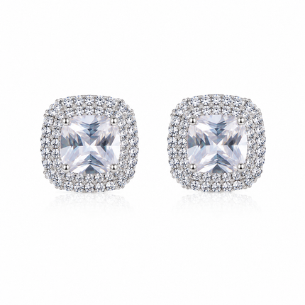 Cushion Cut Stud Earrings - 1.1cm Square Zircon Earrings, Silver-Tone Jewellery Accessory