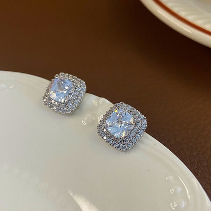 Cushion Cut Stud Earrings - 1.1cm Square Zircon Earrings, Silver-Tone Jewellery Accessory