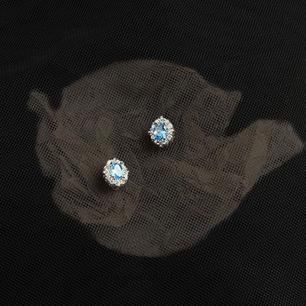 Blue Zircon Silver Plated Stud Earrings for Women - Elegant Minimalist Aquamarine Crystal Earrings for Everyday Wear
