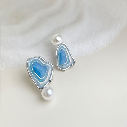 Blue Enamel Pearl Drop Earrings - Asymmetric Silver Needle Earrings with Gradient Glaze Design