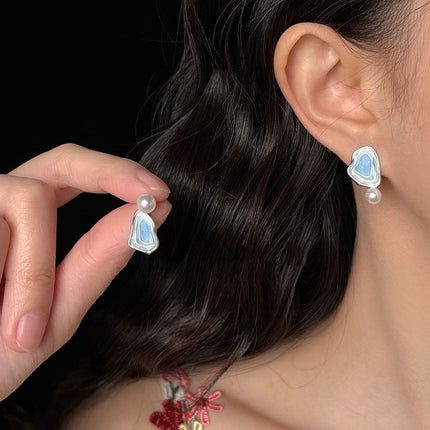 Blue Enamel Pearl Drop Earrings - Asymmetric Silver Needle Earrings with Gradient Glaze Design