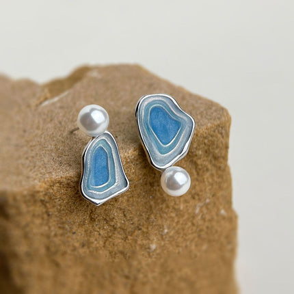 Blue Enamel Pearl Drop Earrings - Asymmetric Silver Needle Earrings with Gradient Glaze Design