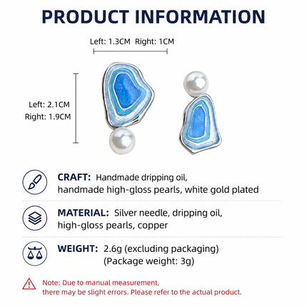 Blue Enamel Pearl Drop Earrings - Asymmetric Silver Needle Earrings with Gradient Glaze Design