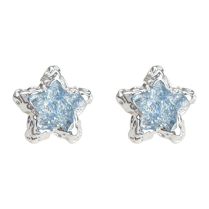 Blue Crystal Star Stud Earrings for Women - Silver Plated Star Shape Earrings with Elegant Minimalist Design