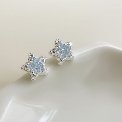 Blue Crystal Star Stud Earrings for Women - Silver Plated Star Shape Earrings with Elegant Minimalist Design