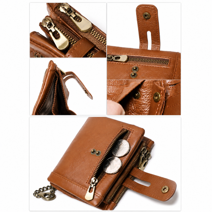 Light Brown RFID Blocking Leather Wallet for Men - Vertical Oil Wax Cowhide Bifold Wallet with Double Zipper, Card Slots & Coin Pocket