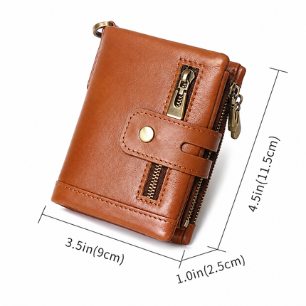 Light Brown RFID Blocking Leather Wallet for Men - Vertical Oil Wax Cowhide Bifold Wallet with Double Zipper, Card Slots & Coin Pocket