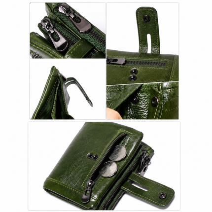 Green RFID Blocking Leather Wallet for Men - Vertical Oil Wax Cowhide Bifold Wallet with Double Zipper, Card Slots & Coin Pocket