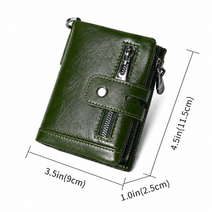 Green RFID Blocking Leather Wallet for Men - Vertical Oil Wax Cowhide Bifold Wallet with Double Zipper, Card Slots & Coin Pocket