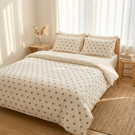 Bow Print Bedding Set - 3 Piece Set - Quilt Cover 229 x 229 cm with 2 Pillowcases 51 x 66 cm - White and Black Bow Pattern