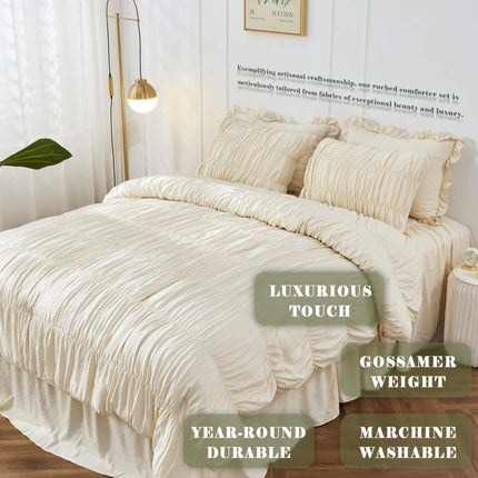 Wrinkle Textured Bedding Set - 3 Piece Quilt Cover and Pillowcase Set - Beige Bohemian Style（Double）