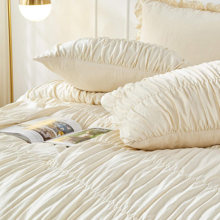Wrinkle Textured Bedding Set - 3 Piece Quilt Cover and Pillowcase Set - Beige Bohemian Style(Double)