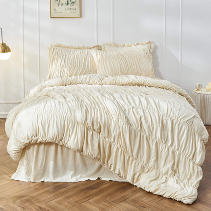 Wrinkle Textured Bedding Set - 3 Piece Quilt Cover and Pillowcase Set - Beige Bohemian Style(Queen)