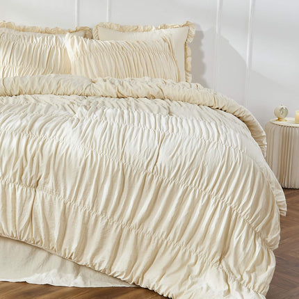 Wrinkle Textured Bedding Set - 3 Piece Quilt Cover and Pillowcase Set - Beige Bohemian Style(Queen)