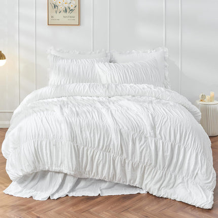 Wrinkle Textured Bedding Set - 3 Piece Quilt Cover and Pillowcase Set - White Bohemian Style(Queen)