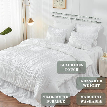 Wrinkle Textured Bedding Set - 3 Piece Quilt Cover and Pillowcase Set - White Bohemian Style(Queen)