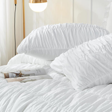 Wrinkle Textured Bedding Set - 3 Piece Quilt Cover and Pillowcase Set - White Bohemian Style(Queen)