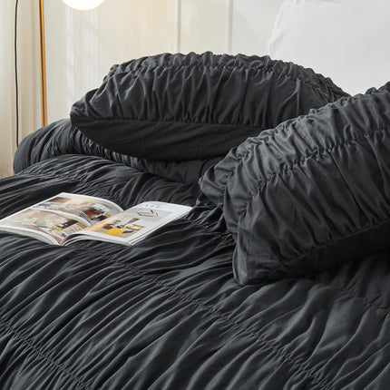 Textured Bohemian Ruffled Quilt Cover Set, Soft Crinkle Bedding Set with 1 Duvet Cover and 1 Pillowcases (Single)