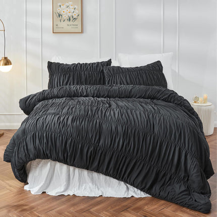 Wrinkle Textured Bedding Set - 3 Piece Quilt Cover and Pillowcase Set - Black Bohemian Style(Queen)