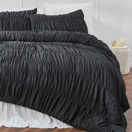 Wrinkle Textured Bedding Set - 3 Piece Quilt Cover and Pillowcase Set - Black Bohemian Style（Queen）