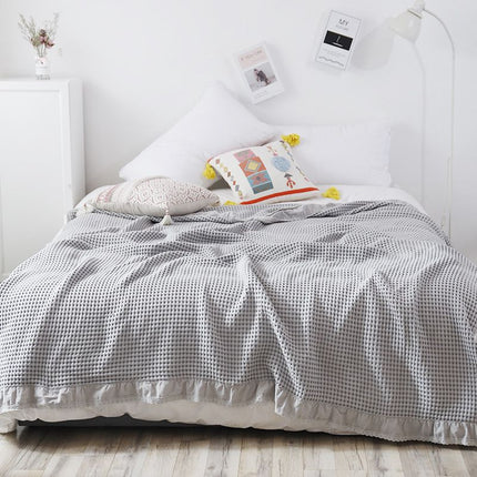 Cotton Waffle Blanket - Grey Textured Throw 200x230cm for Sofa, Office and Travel Use