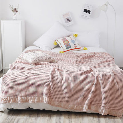 Cotton Waffle Blanket - Pink Textured Throw 110x160cm for Sofa, Office and Travel Use