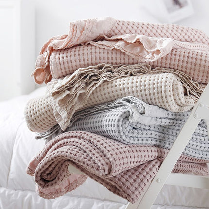 Cotton Waffle Blanket - Pink Textured Throw 150x200cm for Sofa, Office and Travel Use