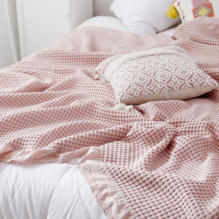 Cotton Waffle Blanket - Pink Textured Throw 200x230cm for Sofa, Office and Travel Use