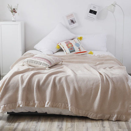 Cotton Waffle Blanket - Beige Textured Throw 110x160cm for Sofa, Office and Travel Use