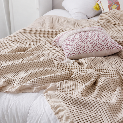 Cotton Waffle Blanket - Beige Textured Throw 110x160cm for Sofa, Office and Travel Use
