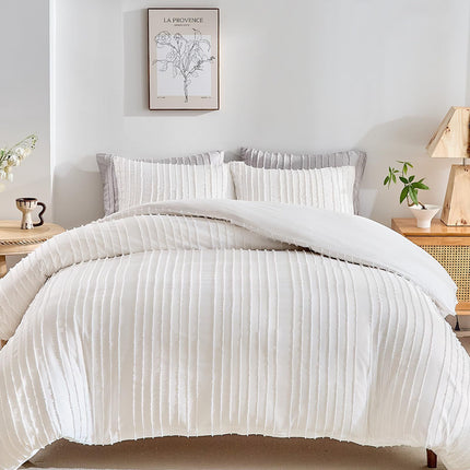 White Tufted Stripe Bedding Set - Single 2 Piece Quilt Cover and Pillowcase Set-(Single)