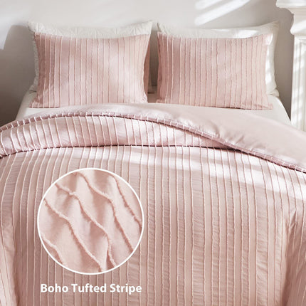 Pink Tufted Stripe Bedding Set - Single 2 Piece Quilt Cover and Pillowcase Set-(Single)