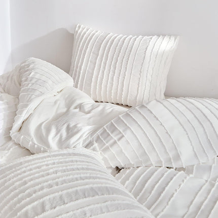 White Tufted Stripe Bedding Set - 3 Piece Quilt Cover and Pillowcase Set -(Double)