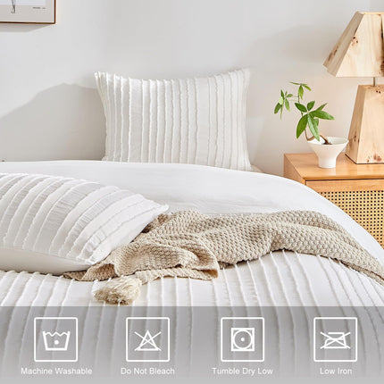White Tufted Stripe Bedding Set - 3 Piece Quilt Cover and Pillowcase Set -(Queen)