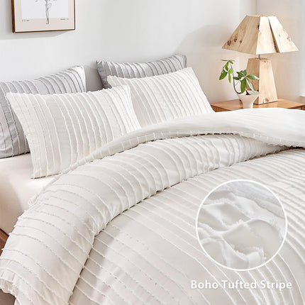 White Tufted Stripe Bedding Set - 3 Piece Quilt Cover and Pillowcase Set -(King)