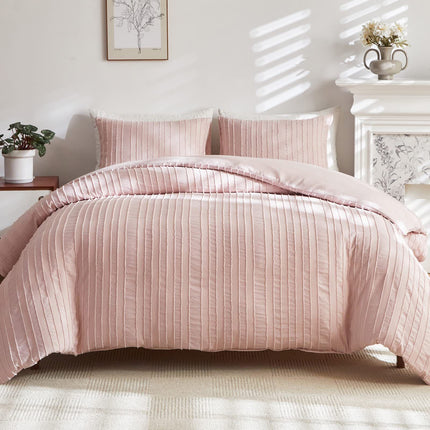 Pink Tufted Stripe Bedding Set - 3 Piece Quilt Cover and Pillowcase Set -(King)