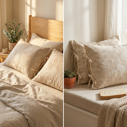 Linen Cotton Pillowcase Pair with Tie Closure Floral Pillow Covers 48x74cm (Style 2)