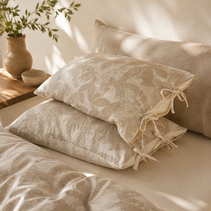 Linen Cotton Pillowcase Pair with Tie Closure Floral Pillow Covers 48x74cm (Style 3)