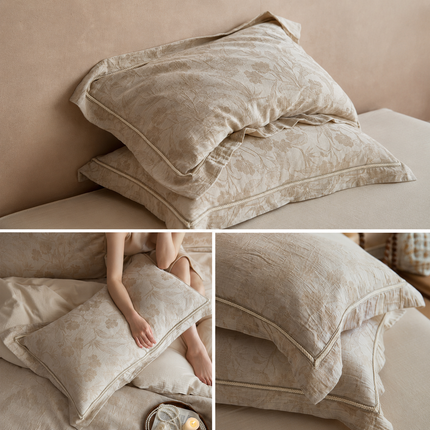 Floral Linen Style Pillowcase Set - 2 Piece Pillow Covers 48 x 74 cm - Wide Border Design (Style 1)