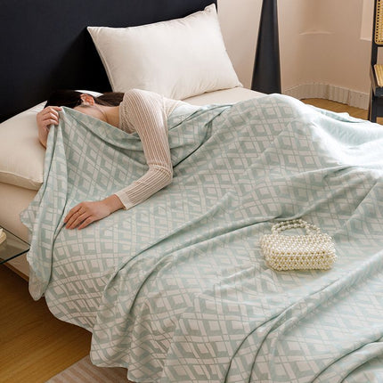 Blue Diamond Pattern Bamboo Fiber Summer Cooling Blanket 150×200cm for Bed Sofa Air Conditioned Room Lightweight Breathable Gauze Coverlet