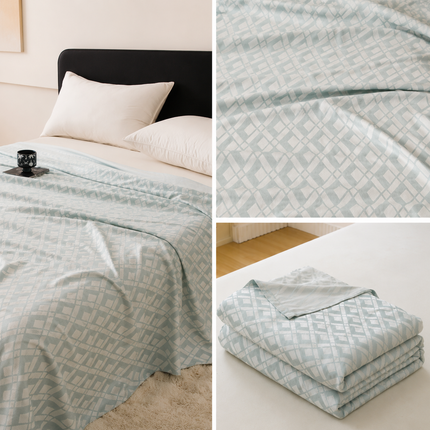 Blue Diamond Pattern Bamboo Fiber Summer Cooling Blanket 200×230cm for Bed Sofa Air Conditioned Room Lightweight Breathable Gauze Coverlet