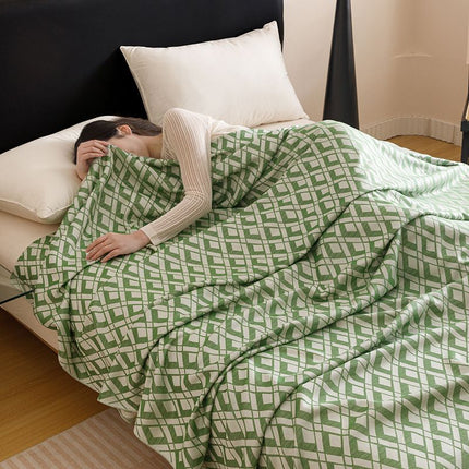 Green Diamond Pattern Bamboo Fiber Summer Cooling Blanket 200×230cm for Bed Sofa Air Conditioned Room Lightweight Breathable Gauze Coverlet