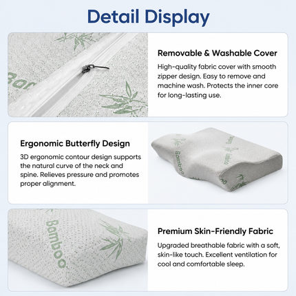 Single Butterfly Memory Foam Pillow - Ergonomic Neck Support Cushion with Removable Bamboo Fibre Cover 50x30x10/7cm for Sleeping