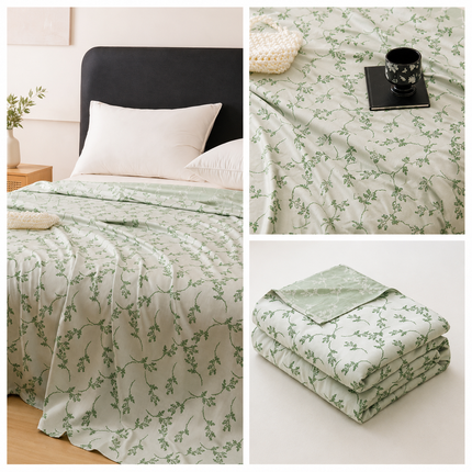 Green Bamboo Fibre Summer Blanket - Vine Pattern Cooling Throw Blanket 200×230cm Lightweight Breathable Summer Quilt