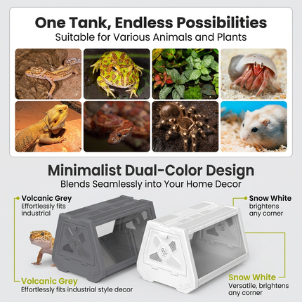 Grey Desktop Reptile Terrarium Enclosure 27x19x19cm with Double Door Opening and Ventilation for Small Reptiles, Amphibians and Plants